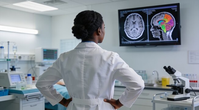 Neuroscientist viewing brain scan MRI images on large display in modern hospital laboratory, back view