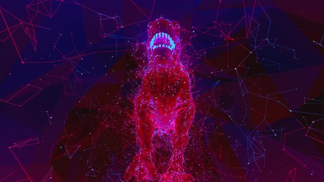 Seamless VJ loop of low poly T-Rex and geometric plexus style connections for high-tech club visuals, electronic music festivals, stage screens and for LED video walls