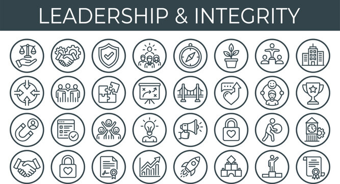 Leadership and integrity icons illustrate core corporate values including teamwork, strategy, and ethical business management practices.