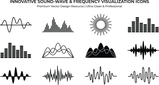 Soundwave icons represent various audio frequencies and digital vibration patterns in a professional black and white vector collection.