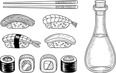 Hand-drawn set of various sushi pieces, maki rolls, chopsticks, and a soy sauce bottle on white © Md_Rakib