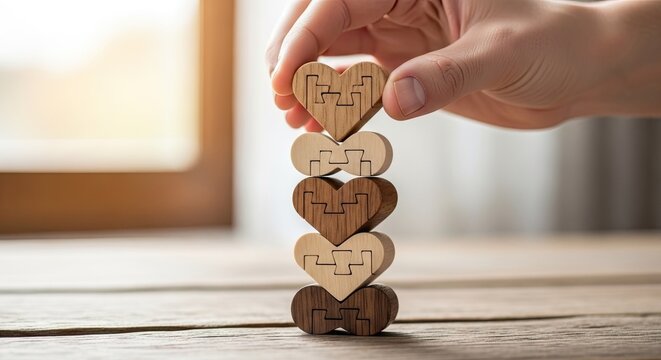 Stacking wooden heart puzzles concept of connection and togetherness