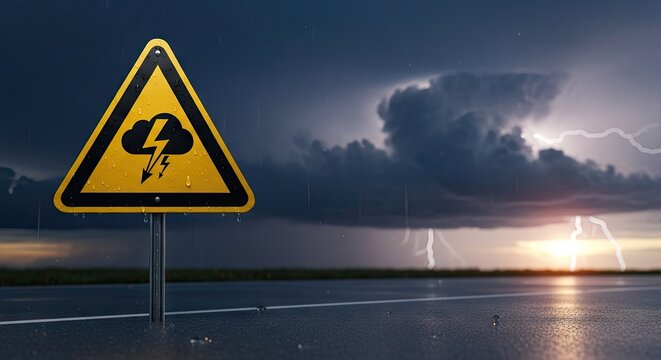 Storm warning sign against a dramatic sky with lightning strikes and rain
