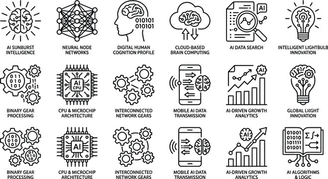 Artificial intelligence icons illustrate complex machine learning concepts and advanced digital processing technologies.