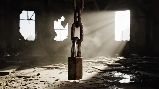 Rusty Padlock and Chain in Dark Abandoned Room with Light Rays and Dust.