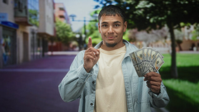 Young hispanic man holds fan of dollars in right hand, smirks and points finger toward camera on street; confidence wealth swagger.