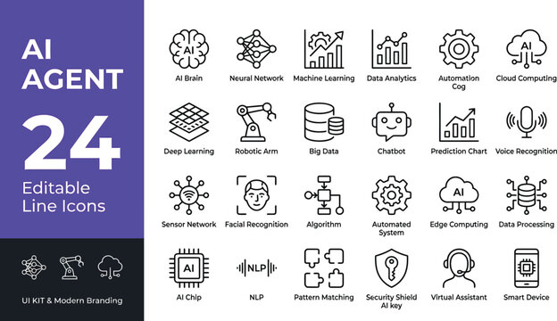Artificial intelligence agent icons provide a comprehensive set of twenty-four editable line graphics for modern technological branding.