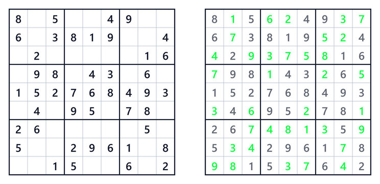 Sudoku puzzle grids with solutions and pathways in blue and gray colors