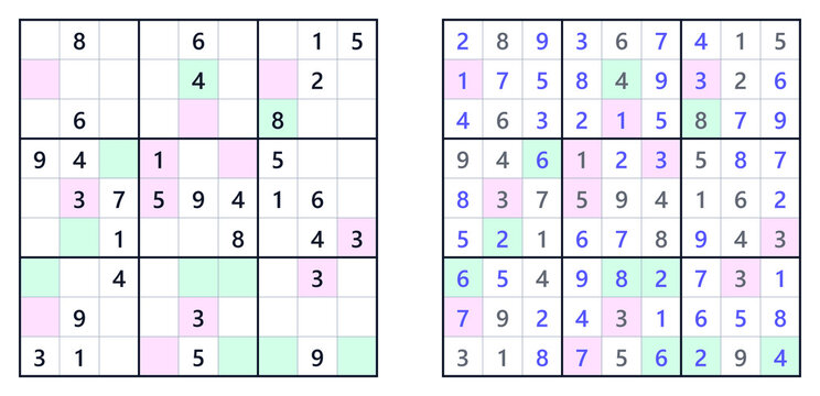 Sudoku puzzle grids with solutions and pathways in blue and gray colors