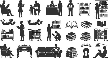 Library and reading icons set featuring people reading books bookshelves and comfortable furniture for study © PIXAVIVE