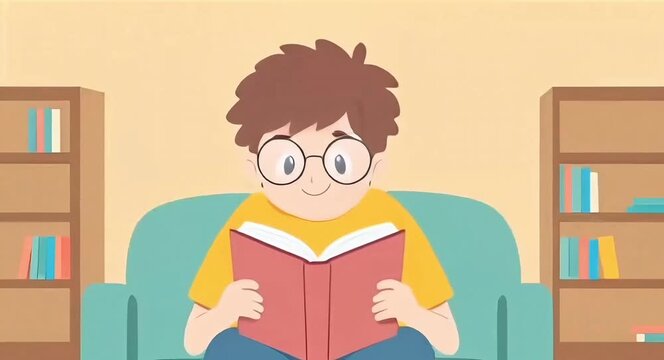 2D cartoon student reading a book.4k animation video. 