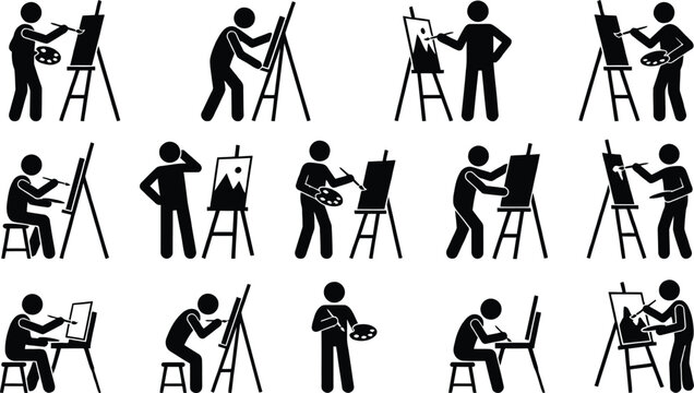 Artists practice their craft by painting landscapes on canvases in this set of diverse black icon silhouettes.