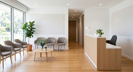 Fototapeta premium Clinic reception area with chairs, reception area showing round table, plants, desk and bright windows in clean healthcare interior