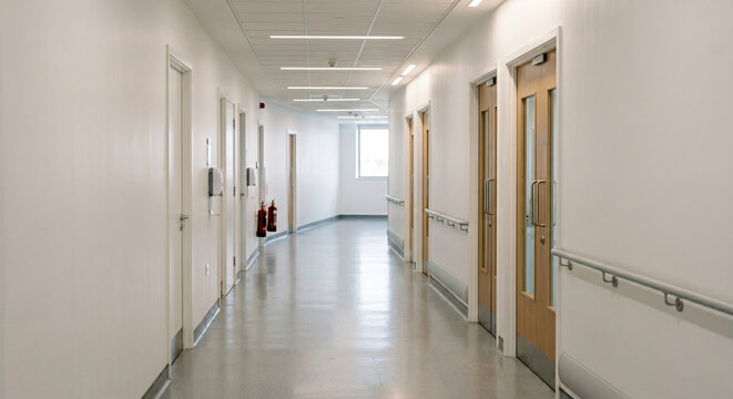 Hospital corridor with doors, hospital corridor showing handrails, bright ceiling lights and clean empty hallway in healthcare facility interior