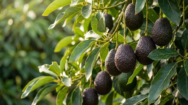 Fresh ripe dark hass avocados hanging on a tree branch with green leaves in a sunny agricultural orchard farm during morning harvest season with copy space
