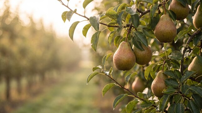 Ripe organic pears hanging on a tree branch in a sunlit orchard during harvest season with beautiful golden bokeh and copy space