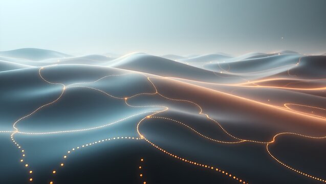 Abstract digital technology background featuring glowing data sand dunes with fiber optic lines and binary code in blue and gold colors