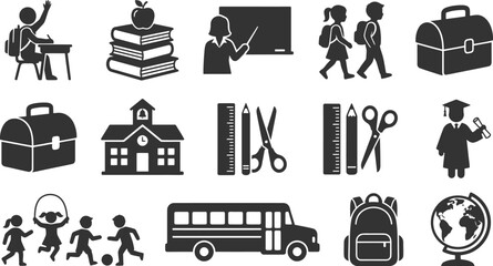 School life and education icons with teacher and students and school bus and lunch box and graduation for school © PIXAVIVE