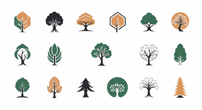 Collection of minimal tree logos and nature icons for ecological branding and environmental design elements