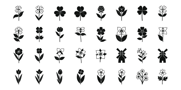 Collection of 32 minimalist black and white flower icons and floral silhouettes. Includes tulips, clovers, and windmills in a flat vector design for logos, branding, and web projects.