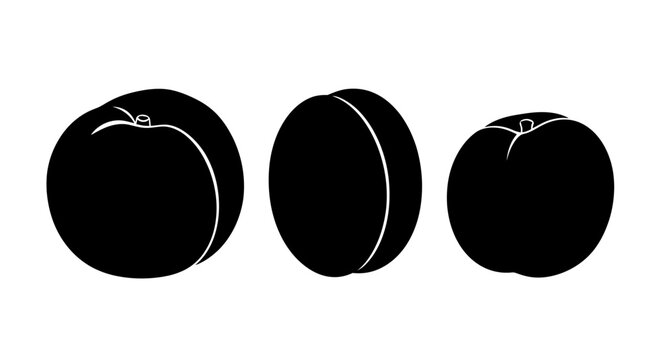 Three black peaches in a row on white background