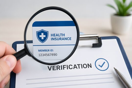 A close-up view of a health insurance card being examined under a magnifying glass, emphasizing verification and policy details.