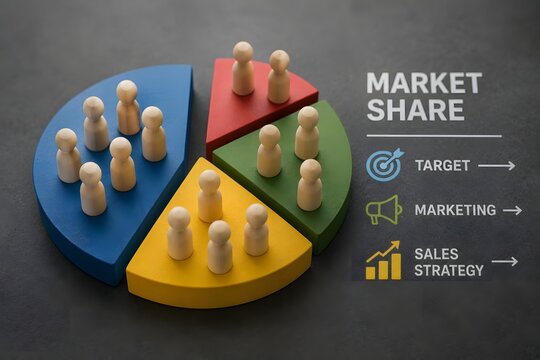 Market share diagram with wooden pawn figures representing customers on a dark background with marketing icons.