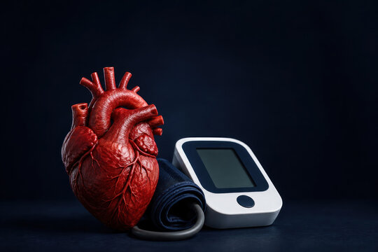 Blood pressure monitor with anatomical human heart on dark background