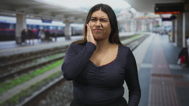Woman holding cheek with hand, wincing from toothache on a train platform inside a station building; discomfort travel concern.