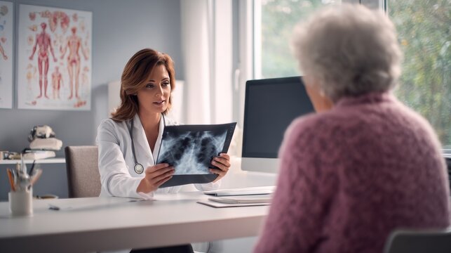 Female doctor in white coat and stethoscope explaining medical xray results to elderly patient in clinic, reviewing bone scan on tablet with healthcare equipment and computer in modern office.