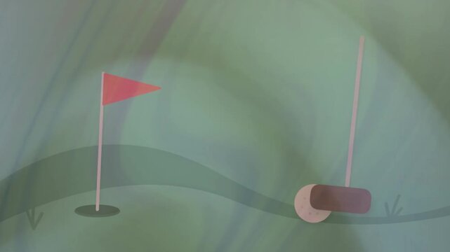 Golf putter hitting a ball towards the cup with a red flag on green