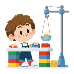 Obraz premium A boy tests the strength of a Lego bridge he built using colorful blocks while using a crane to lift weights in a cartoon setting.
