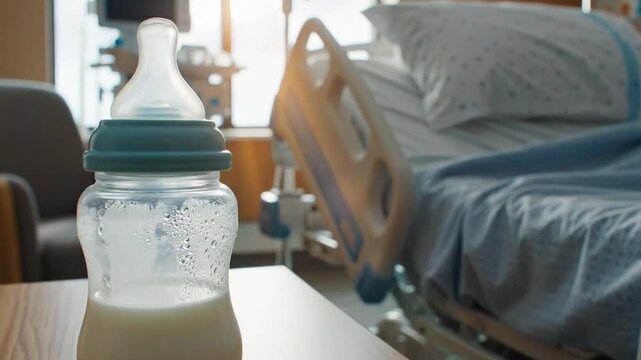 Baby Bottle On Bedside Table In Quiet Hospital Room Beside Empty Maternity Bed, Soft Morning Light Streaming Through Window, Medical Monitor And Chair Visible, Warm Blanket And Pillow, Bottle Filled