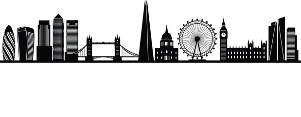 Obraz premium London city skyline silhouette black vector banner featuring famous landmarks skyscrapers Tower Bridge and London Eye