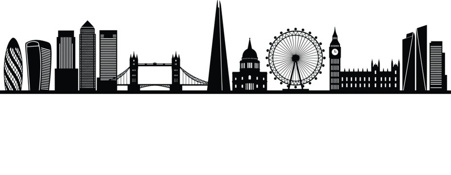 London city skyline silhouette black vector banner featuring famous landmarks skyscrapers Tower Bridge and London Eye