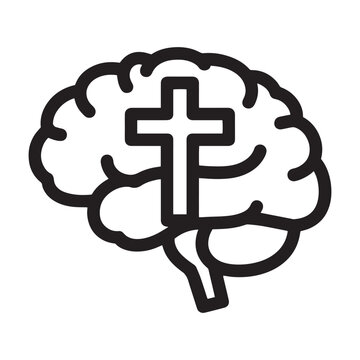 Cross symbol superimposed on human brain silhouette outline graphic design for religious mindset psychology concept isolated on white.