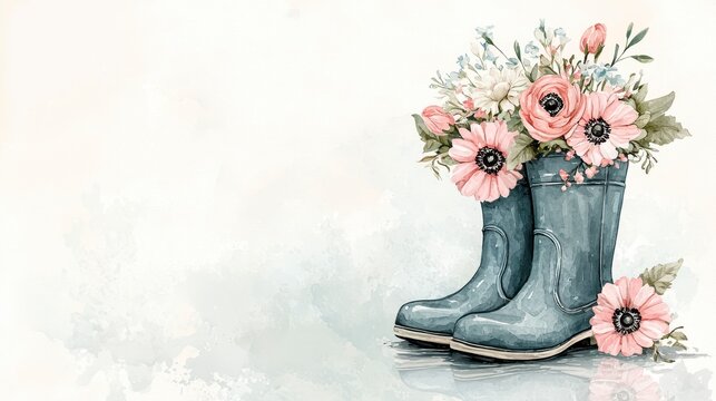 Watercolor Pink and White Flowers in Blue Rain Boots