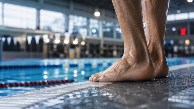 Swimmer Standing at Pool Edge Before Training or Competition