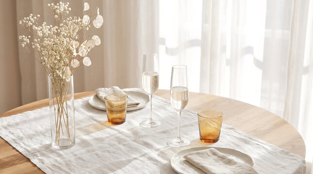 Elegant table setting with flowers and glasses on a wooden table indoors