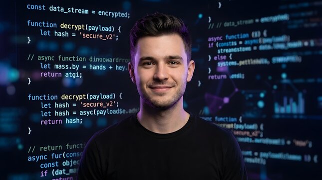 Smiling Male Programmer Portrait with Digital Computer Coding and Binary Encryption Background