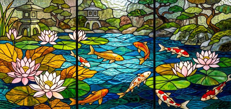 Japanese Koi Pond Stained Glass With Lotus Flowers And Golden Light