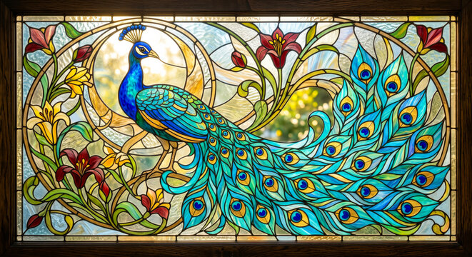 Elegant Art Nouveau Peacock Stained Glass With Flowing Colorful Feathers