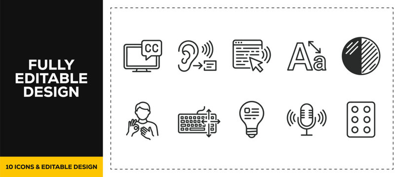 flat vector illustration line art icon bundle set design showcasing web accessibility user interface tools screen reader voice command digital inclusion vision reading