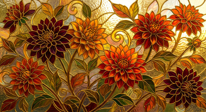 Autumn Dahlia Flowers Stained Glass Pattern with Golden Lead Lines