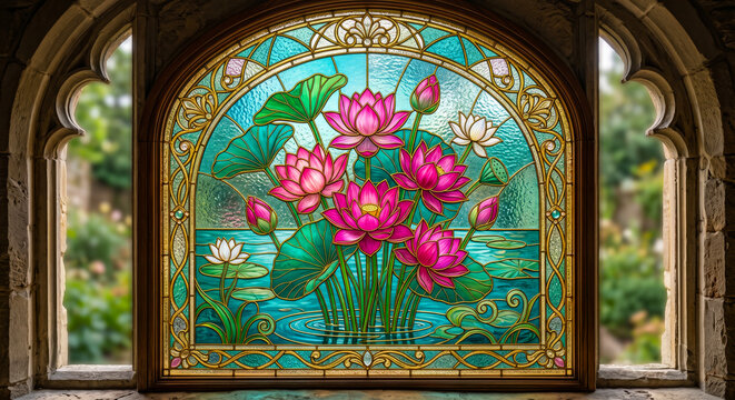Pink Lotus Flowers Stained Glass Mosaic Design with Golden Outlines