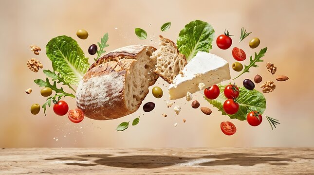 Floating composition of fresh bread, brie cheese, vegetables, and nuts