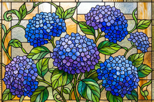 Royal Blue Hydrangea Clusters Stained Glass Pattern Art Background
