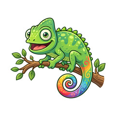 Fototapeta premium A colorful chameleon perches on a tree branch with leaves smiling.