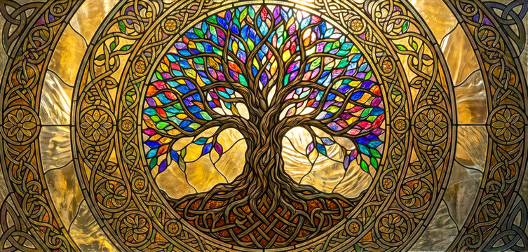 Colorful Tree Of Life Stained Glass With Radiant Symbolic Design