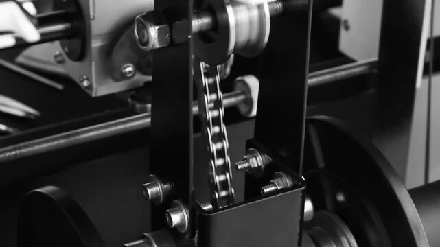 Close-up of metal rollers in industrial machinery. Springs connect rollers to the frame. Chain drives the rolling mechanism. Monochrome footage highlights mechanical precision